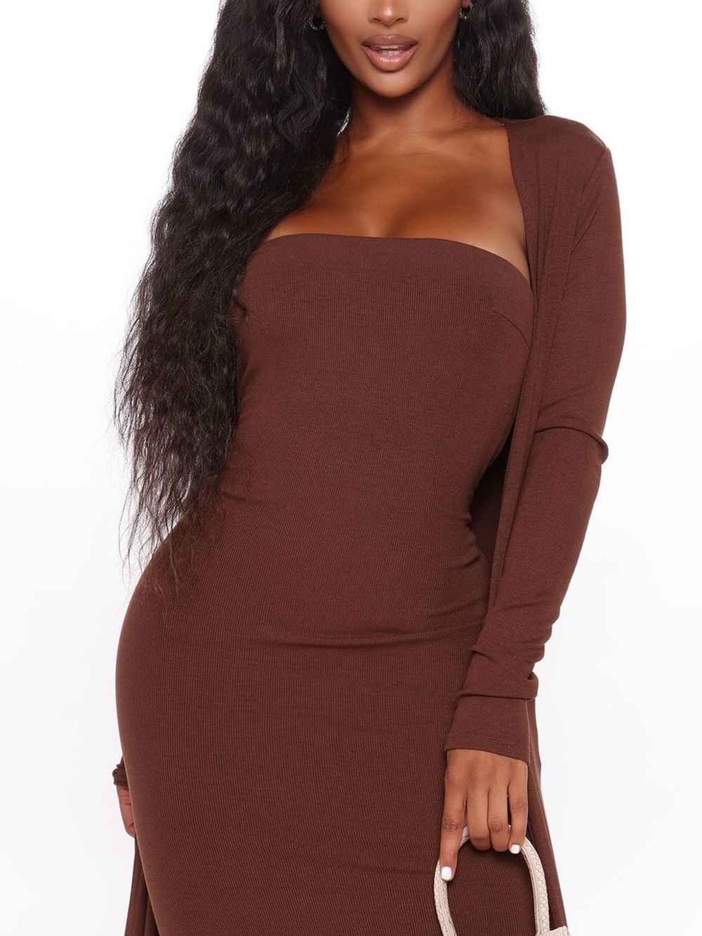 Fashion Nova Strapless Brown Midi Dress with Matching Duster - Picture 4 of 5